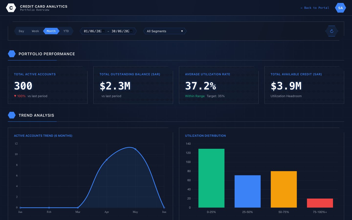 Card portfolio dashboard with account volumes, balances and utilisation trends