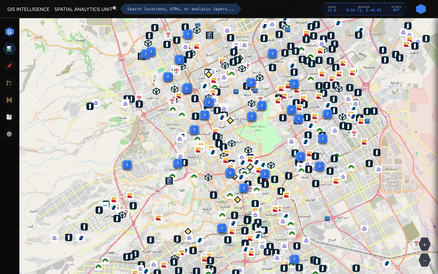 GIS map showing ATMs and competitor locations across the city